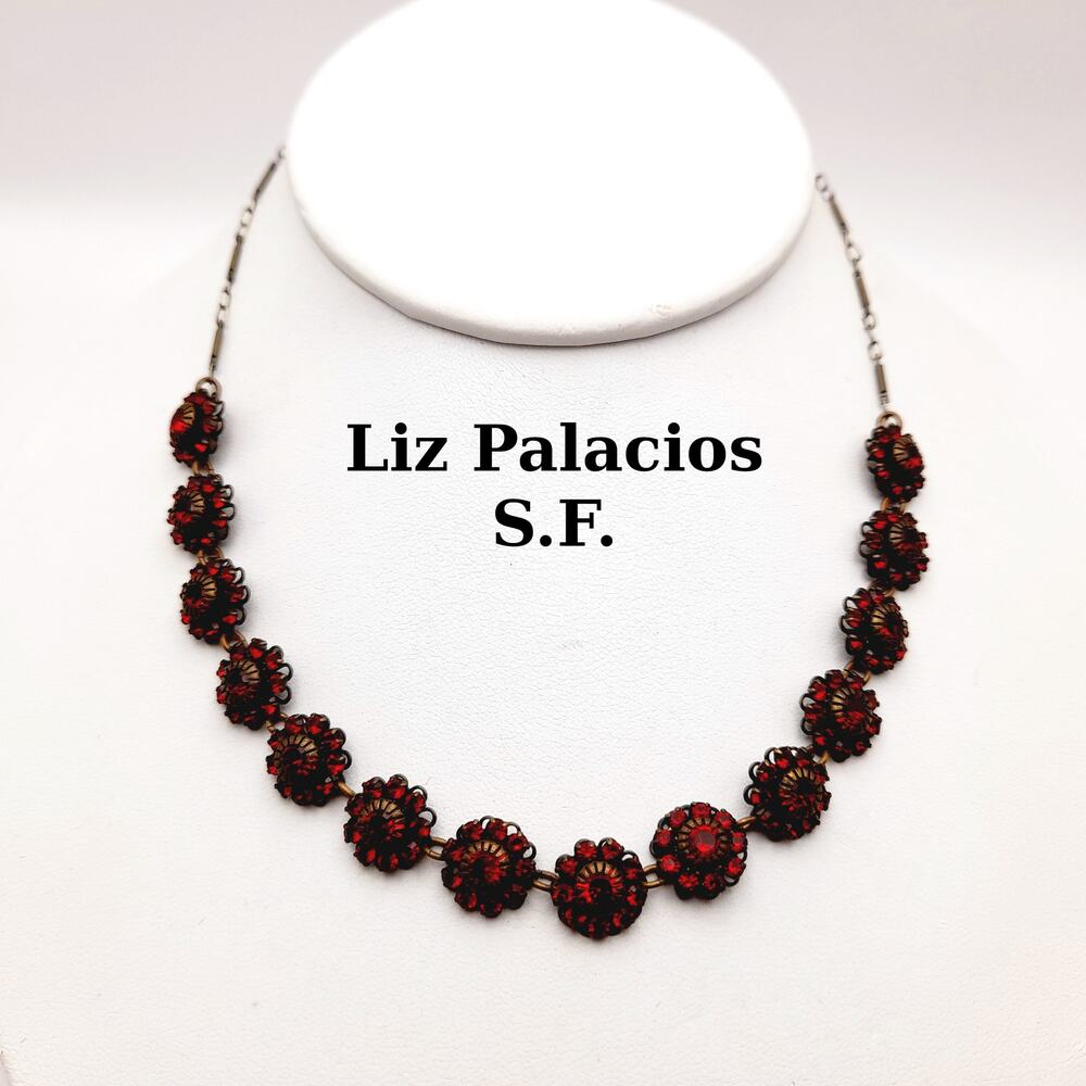 Liz Palacios Red Crystal Floral Necklace S.F. Vintage 16”